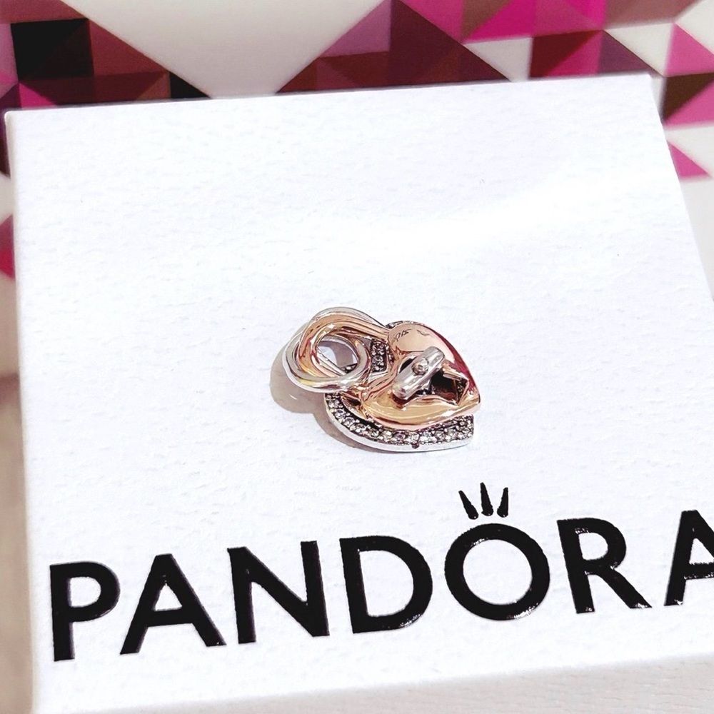 Pandora Silver Snake Chain Bracelet with Rose Gold & Silver Heart Padlock Charm - Picture 4 of 10